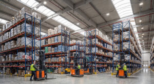 warehouse interior with forklifts stored goods racks